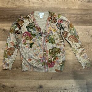 Soft Surroundings paisley cardigan sz M embroidery cottagecore wool/silk/cash